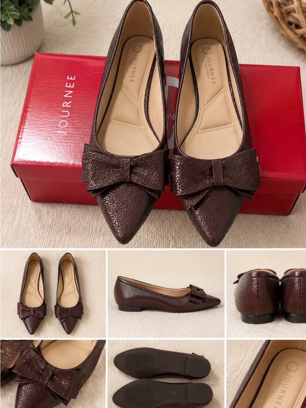 Journee Collection Dark Brown Pointed Bow Flats